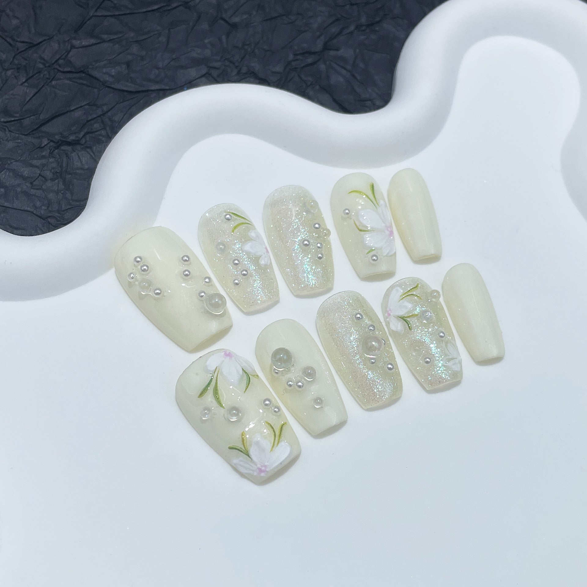 Pure handmade press-on nails relief camellia simple aurora fine flash nail patch wearable nail sticker wholesale｜365nails