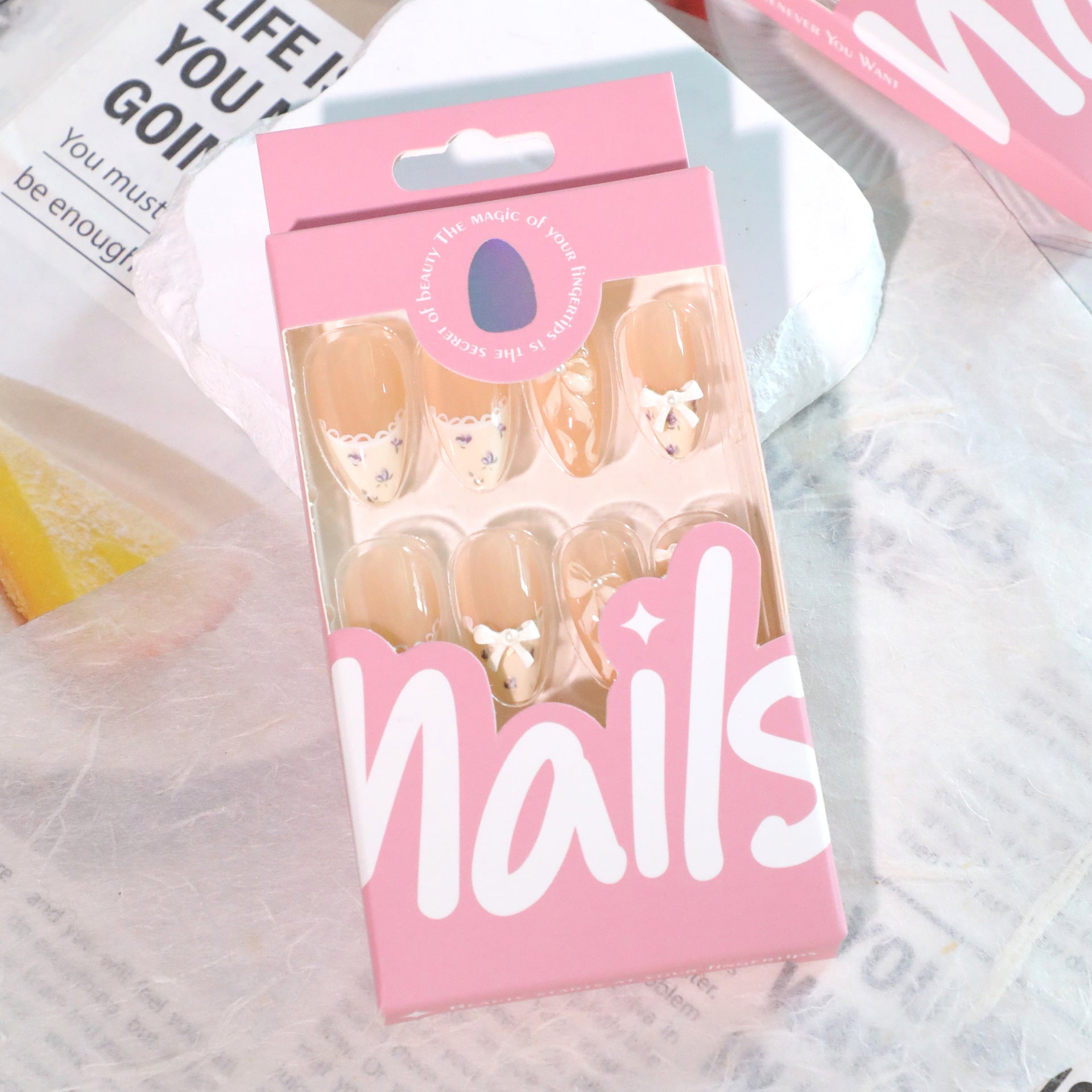 甜美短款杏仁形甲片 法式緞帶蝴蝶結｜365nails