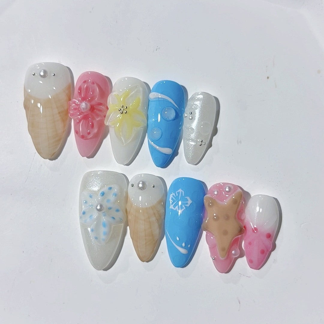 365nails-Ocean Breeze: "Seashell & Floral" – Medium Almond Handmade Nails