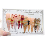 Baroque Gold Heart Crystal Extra Long Press On Nails