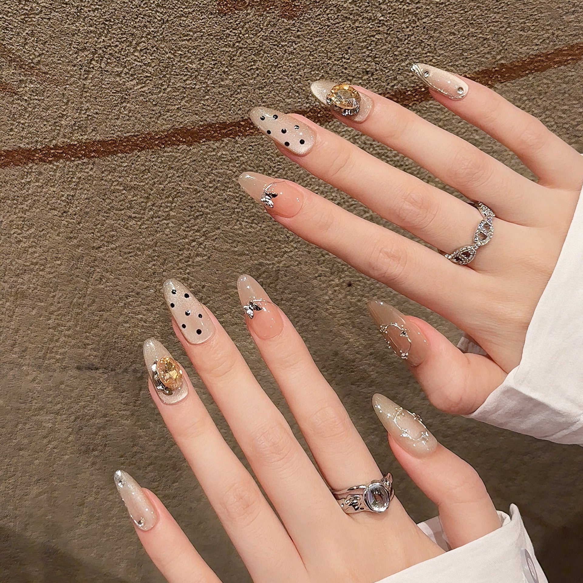 365nails: "Moonlight Script" – 3D Gem & Polka Dot Cat Eye Handmade Coffin Nails