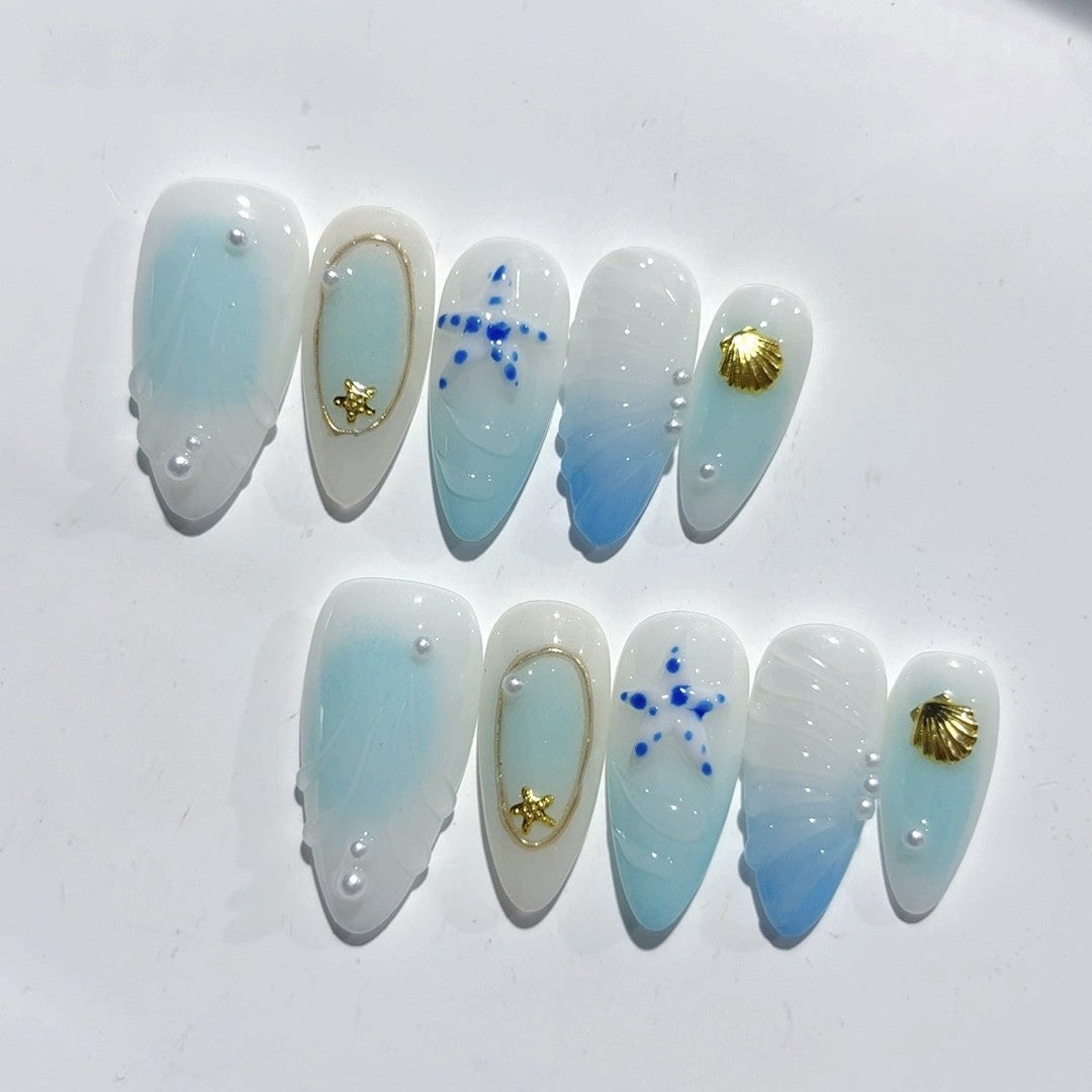 365nails-海洋低語：「貝殼小夜曲」— 杏仁形 手工製 3D 雕刻 穿戴甲