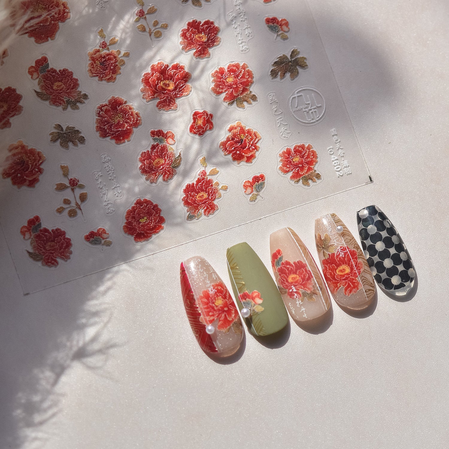 Red Peony & Oriental Calligraphy Nail Sticker Set – "Crimson Peony Elegance"
