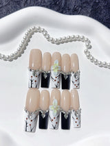 Elegant Nude Floral Crystal Contrast Press On Nails