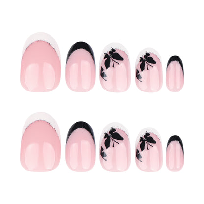Short round nail manicure piece Simple French white edge  Black butterfly ins false nail ｜365nails