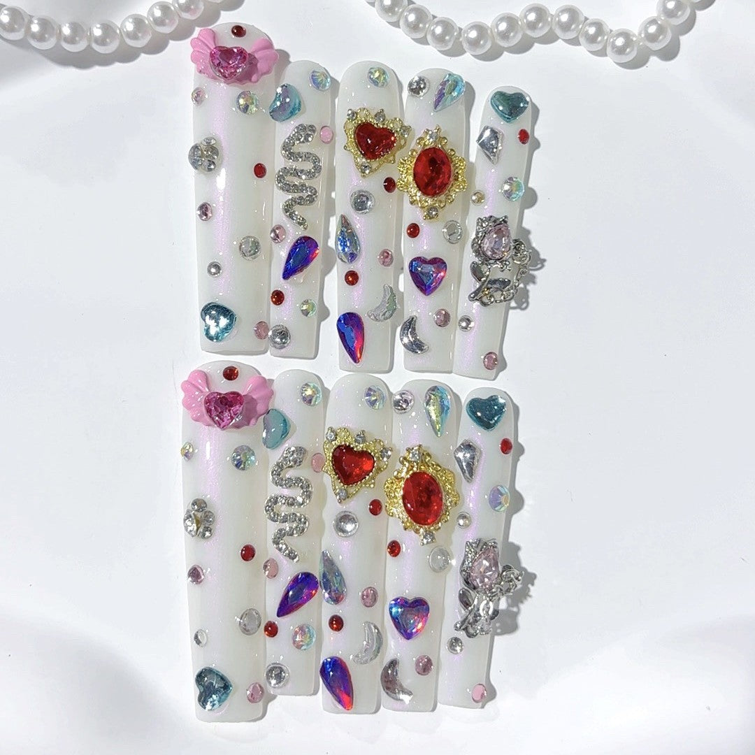 White Crystal Charm Press On Nails