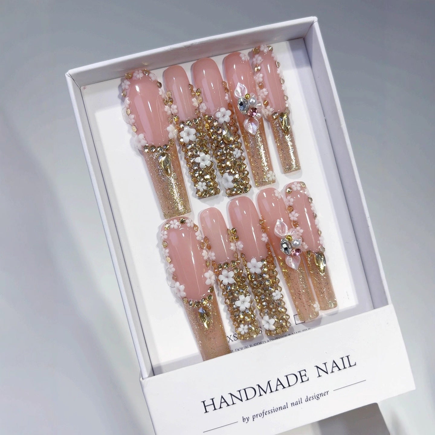 Blush Gold Floral Crystal Luxury Press On Nails