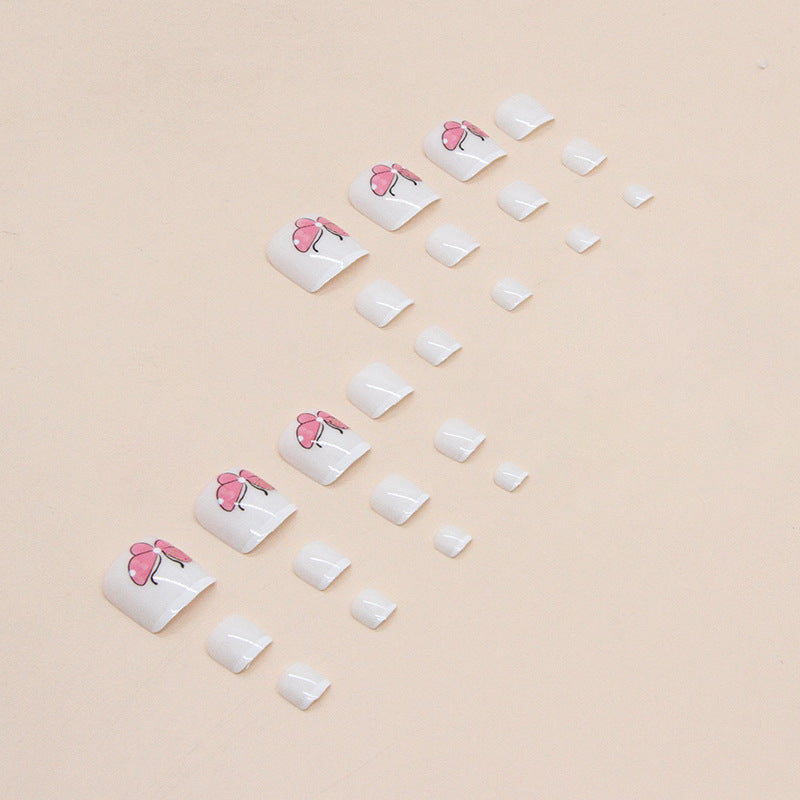 Manicura francesa simple y pura en blanco, linda y sencilla con mariposa rosa, uñas postizas postizas terminadas, uñas postizas, uñas postizas, pieza de uña｜365nails