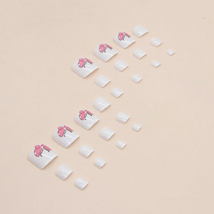 Manicura francesa simple y pura en blanco, linda y sencilla con mariposa rosa, uñas postizas postizas terminadas, uñas postizas, uñas postizas, pieza de uña｜365nails