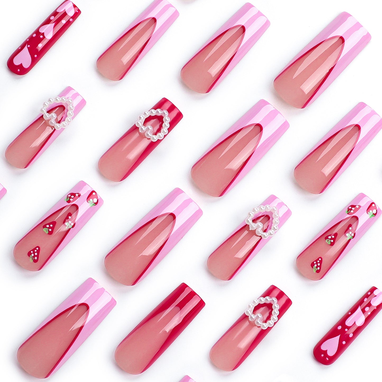 Valentine's Day pink three-dimensional love pearl  long French strawberry nail piece finished product wholesale｜365nails