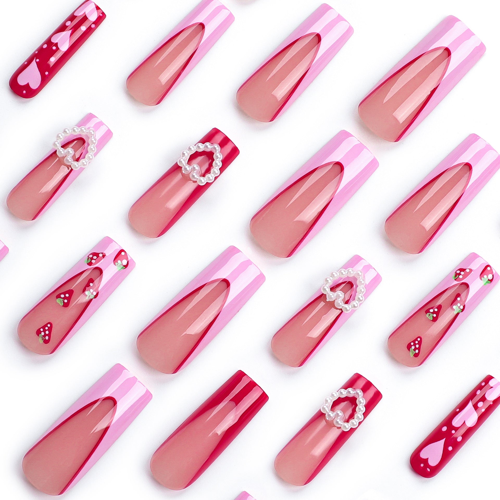발렌타인 데이 핑크 3D 러브 모양 진주 롱 프렌치 딸기 네일 팁 완제품 도매 ｜365nails