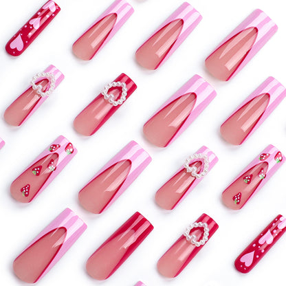 Valentine's Day pink three-dimensional love pearl  long French strawberry nail piece finished product wholesale｜365nails