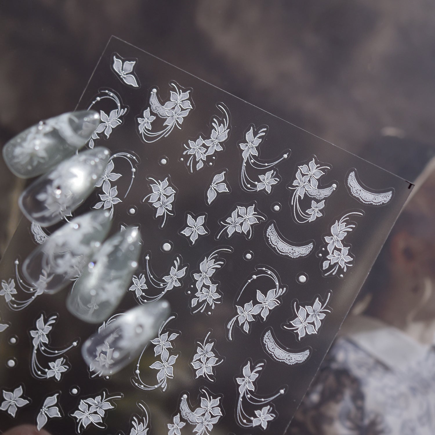 White Lace Orchid Collection: "Elegant White Lace Orchid & Moon" – 3D Embossed Nail Sticker