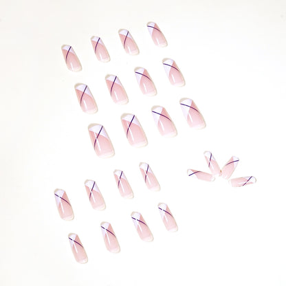 Oblique French white nude press on nails medium and long square manicure nail piece removable fake nail piece wholesale｜365nails