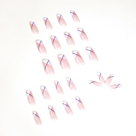 Oblique French white nude press on nails medium and long square manicure nail piece removable fake nail piece wholesale｜365nails