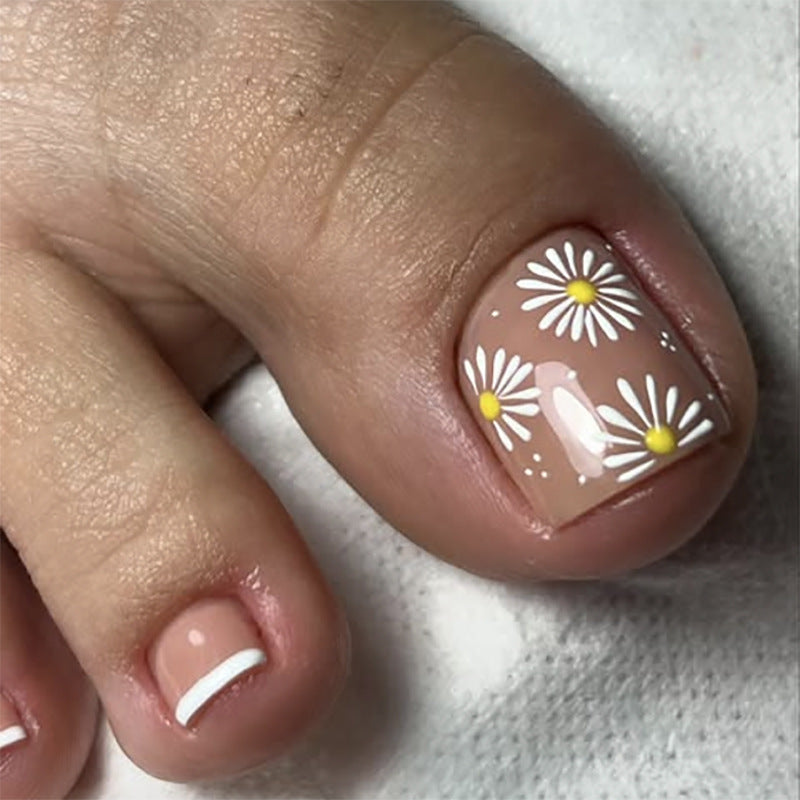 Nuevos productos de primavera y verano, flores de margarita, uñas de los pies simples y pequeñas, uñas de los pies frescas, pies blancos franceses, almohadillas para uñas a presión｜365nails