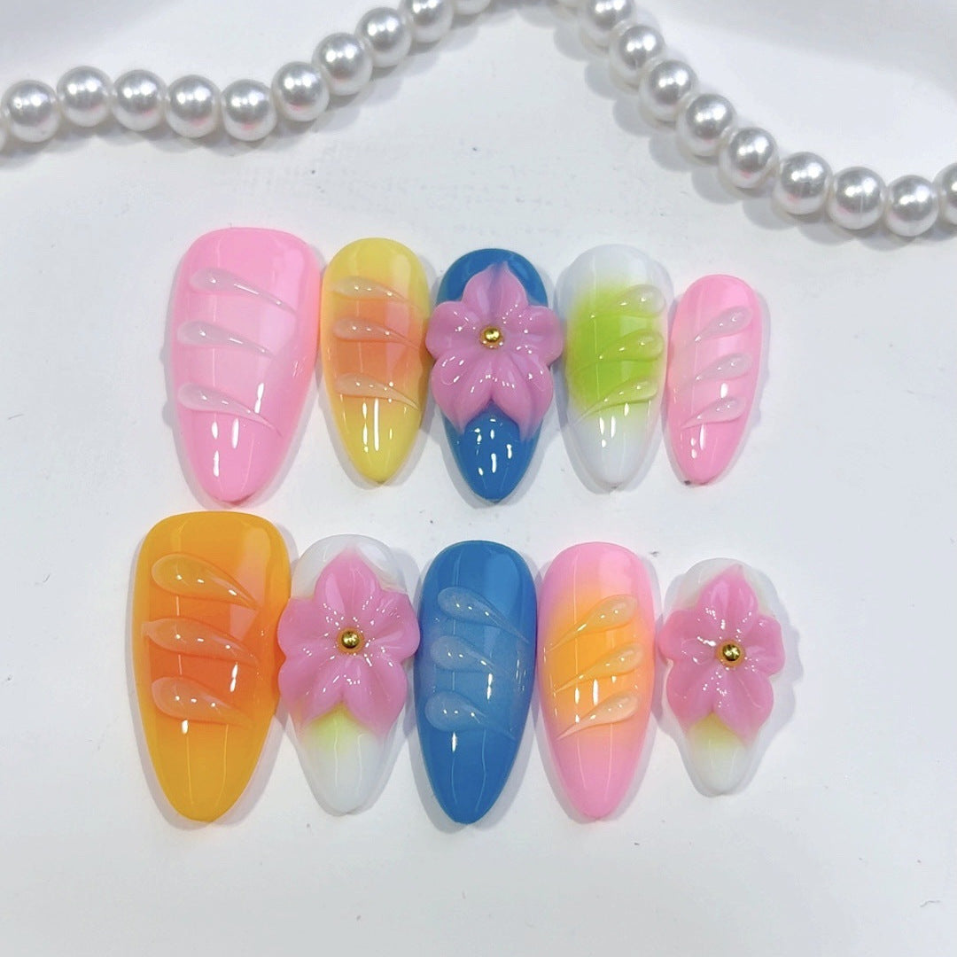 Rainbow Fantasy: "Vivid Floral Echo" – Almond Shape 3D Handmade Press On Nails
