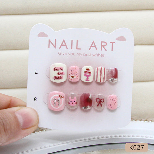 Cartoon pink cute childlike rabbit pastry bow smudged three-dimensional striped cat eye fine flash kids nails｜365nails