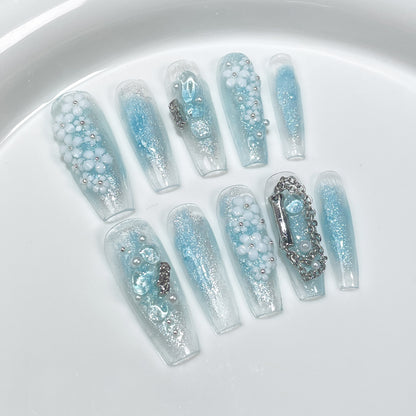 Handmade press-on nails ocean blue smudge and flash long nail patch small flower spring and summer new wearable nail sticker｜365nails