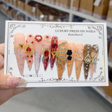 Baroque Gold Heart Crystal Extra Long Press On Nails