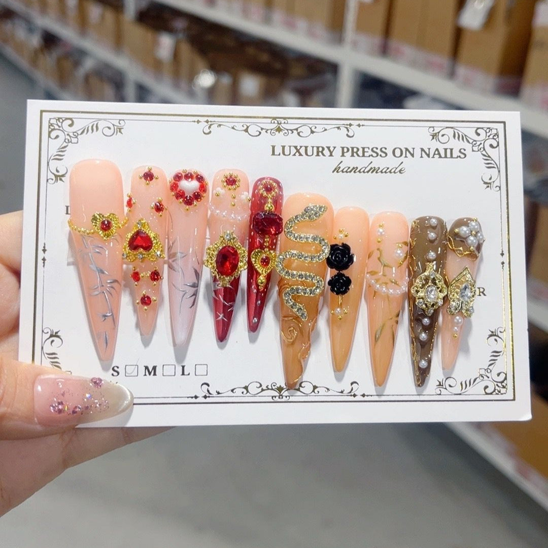 Baroque Gold Heart Crystal Extra Long Press On Nails