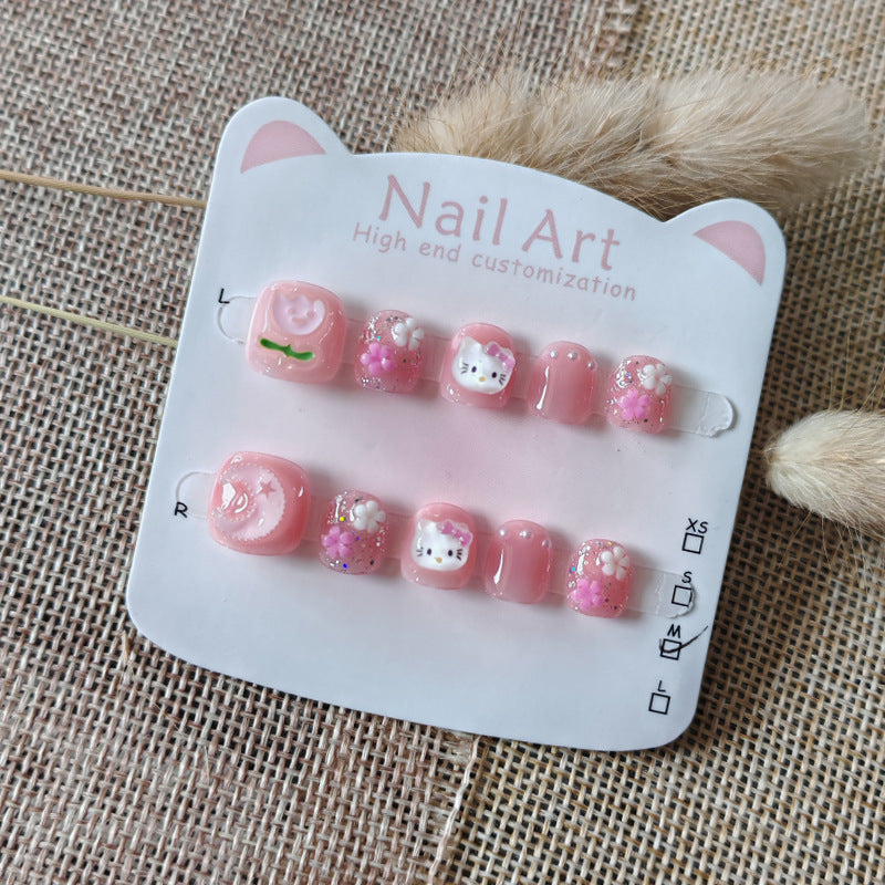 365Nails: "Cherry Blossom Kitty" – Handmade Cute Short Oval Press On Nails With Hello Kitty & Floral Design