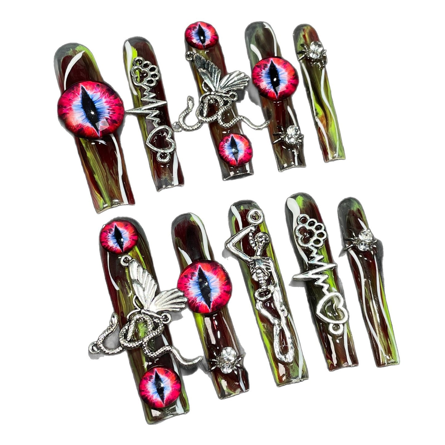 Water pipe armor retro alloy dark wind metal skull cross personalized handmade press on nails wholesale｜365nails