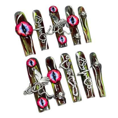 Water pipe armor retro alloy dark wind metal skull cross personalized handmade press on nails wholesale｜365nails