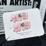 Uñas postizas con lazo de bailarina, hechas a mano, con diamantes, francesas, medianas y largas, parches para uñas, fáciles de usar | 365nails