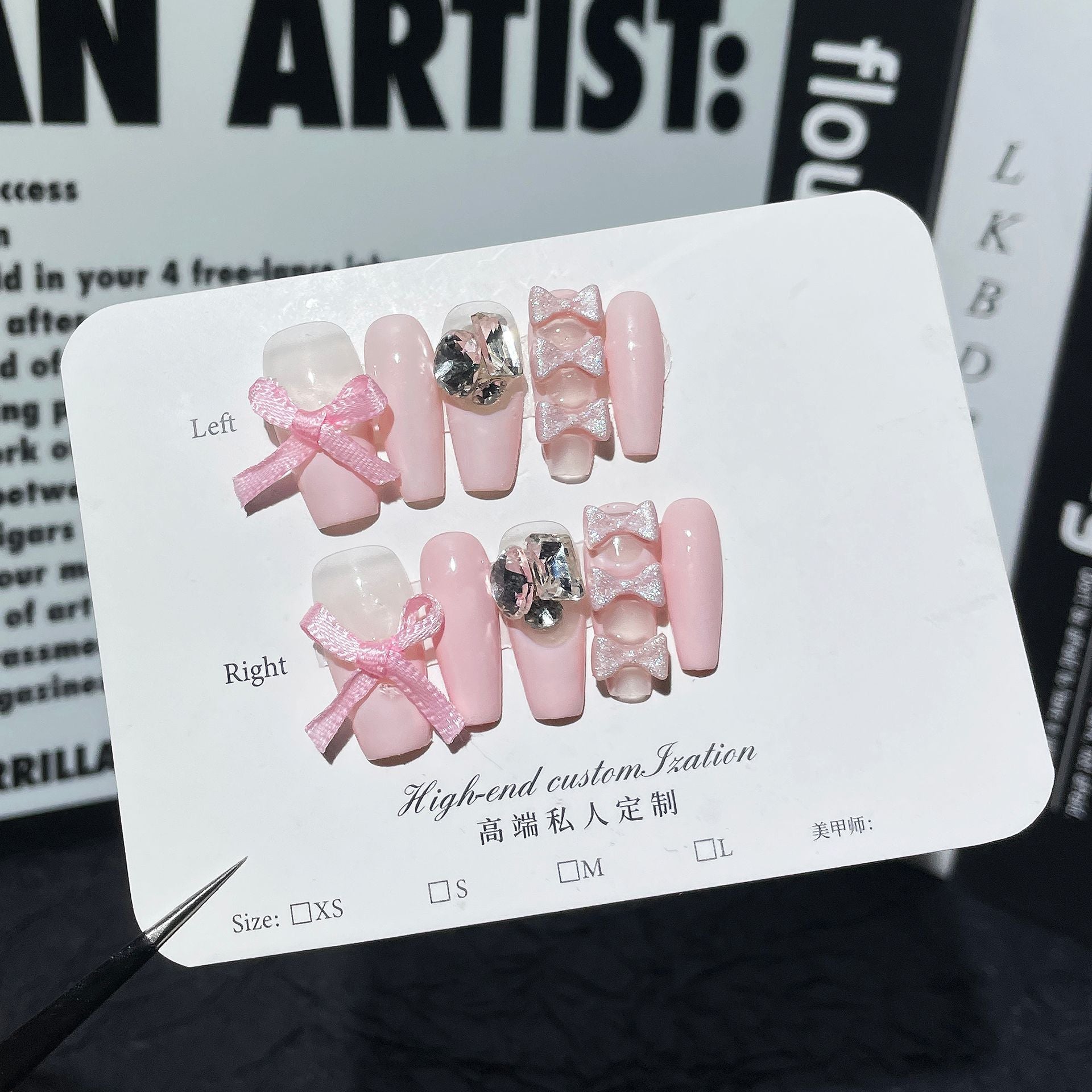Ballet Pink French Nails with Ribbon Bows and Crystal Accents