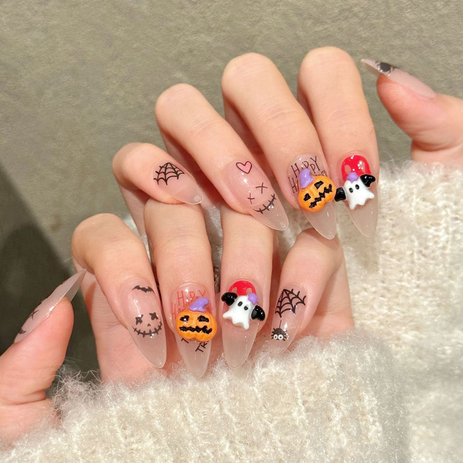 Halloween Ghost Pumpkin Web Cute Spooky Festive Press On Nails