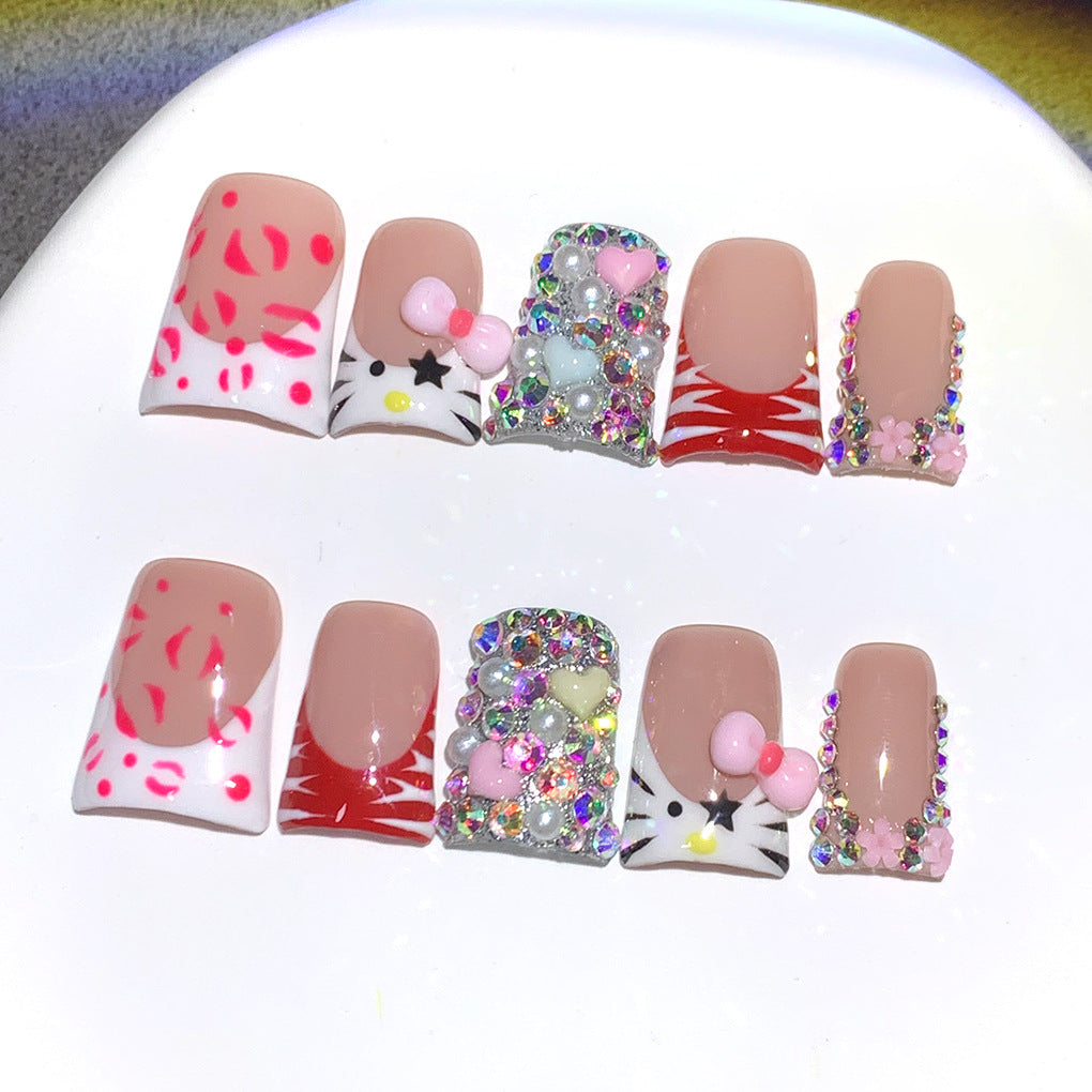 Red Kitty Crystal Cute Press On Nails