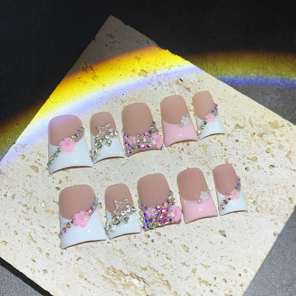 Pink French Floral Rhinestone Press On Nails