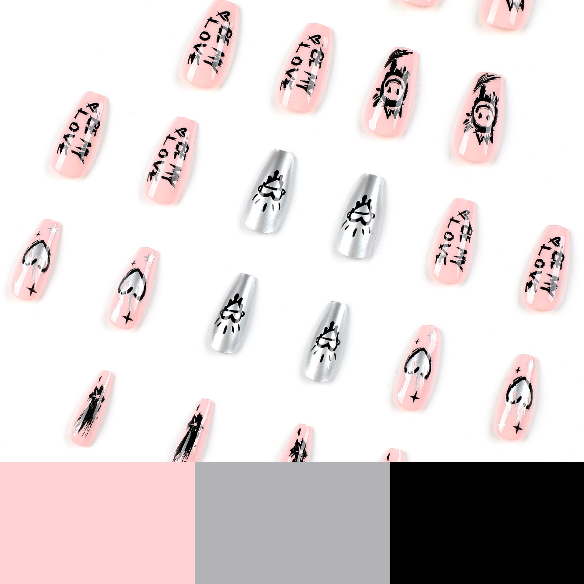 patch d'ongles faux ongles roses pièce graffiti noir cartoon argent amour dans le vent faux ongles ongles｜365nails