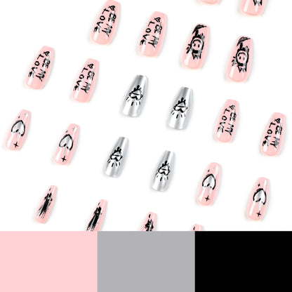 nails patch press on nails pink nails piece black cartoon graffiti silver love ins wind press on nails nails｜365nails