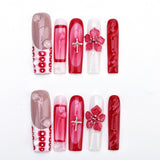 Red Gradient Floral Cross Statement Press On Nails