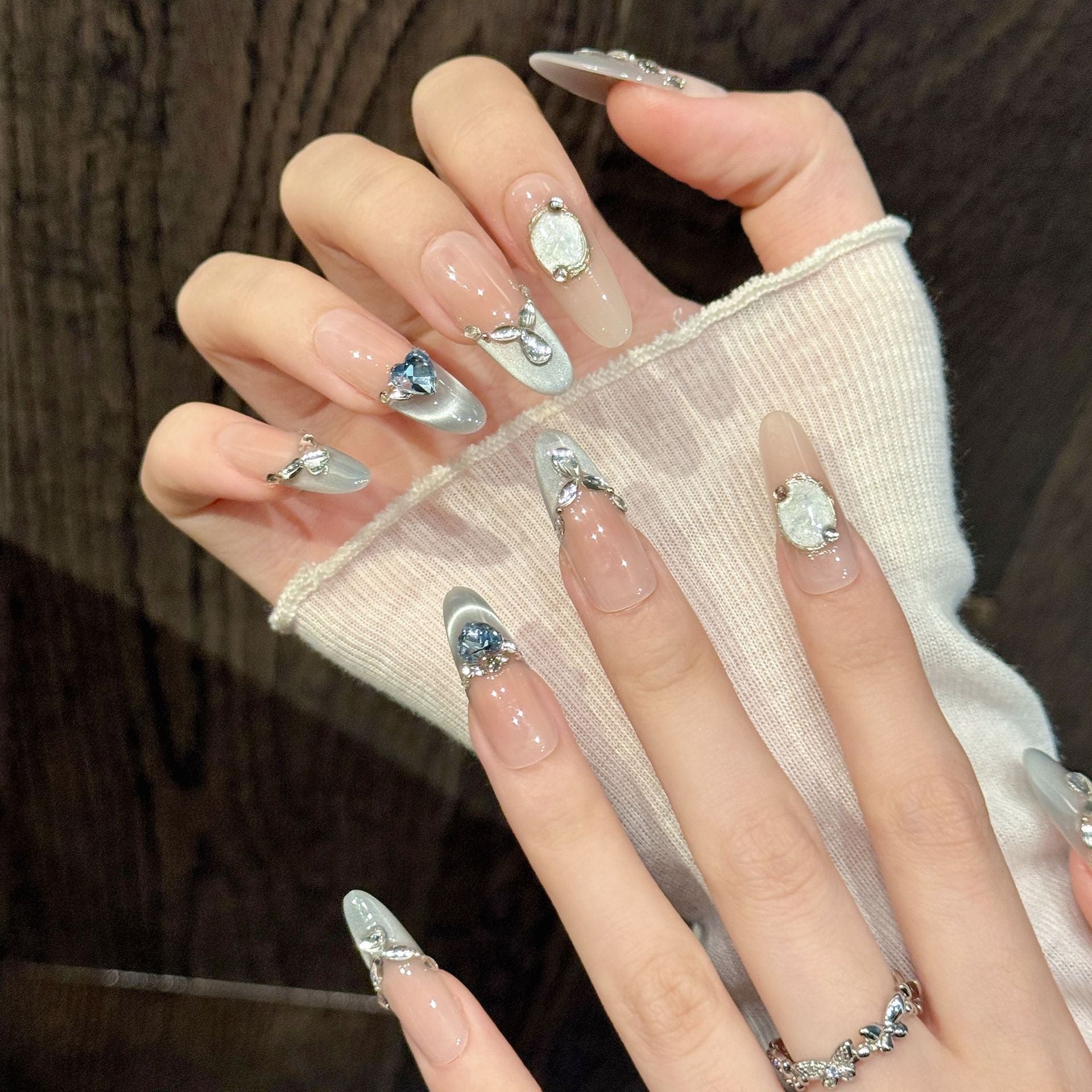 365nails: "Frozen Elegance" – 3D Gemstone & Silver Handmade Almond Nails