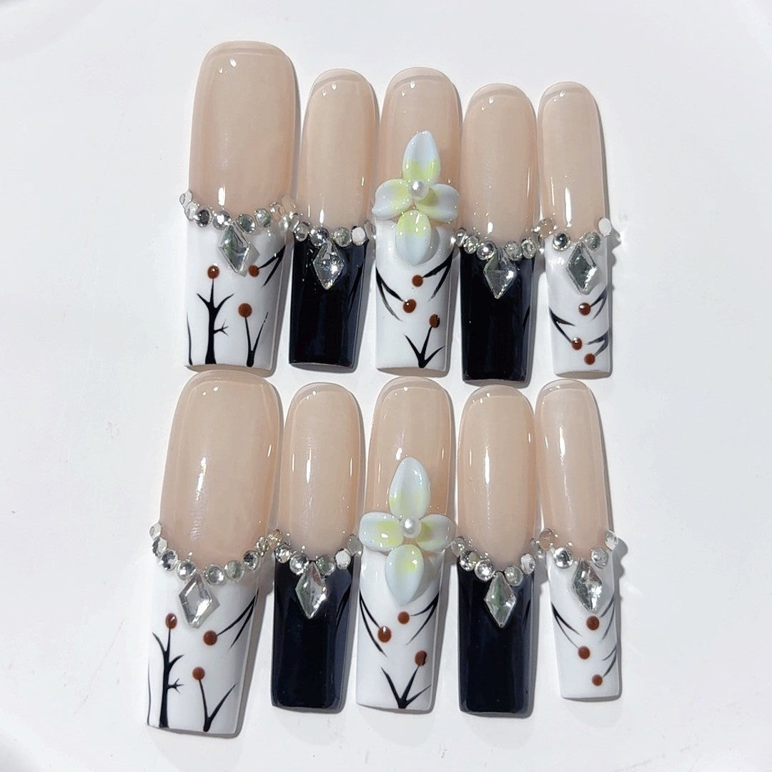 Elegant Nude Floral Crystal Contrast Press On Nails