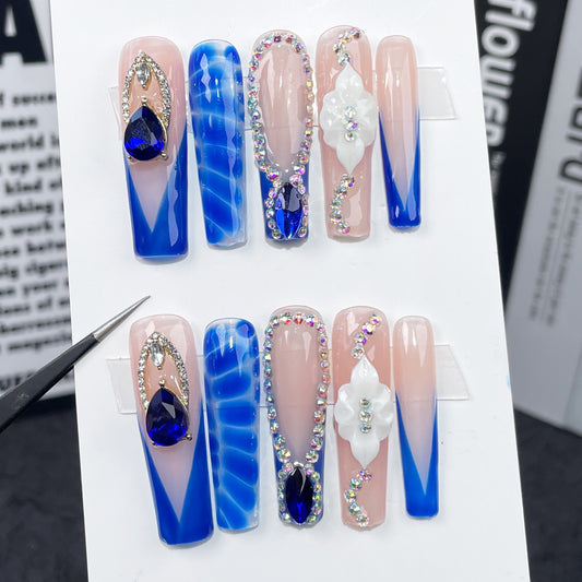 Medium and long water pipe nail art patch ice through French Handmade press on nails smudge snake skin personalized fake nail wholesale｜365nails