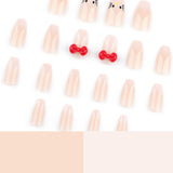 Manicure de balé curta com mudança gradual branca nua, unha postiça, laço tridimensional fofo de gato ｜365nails