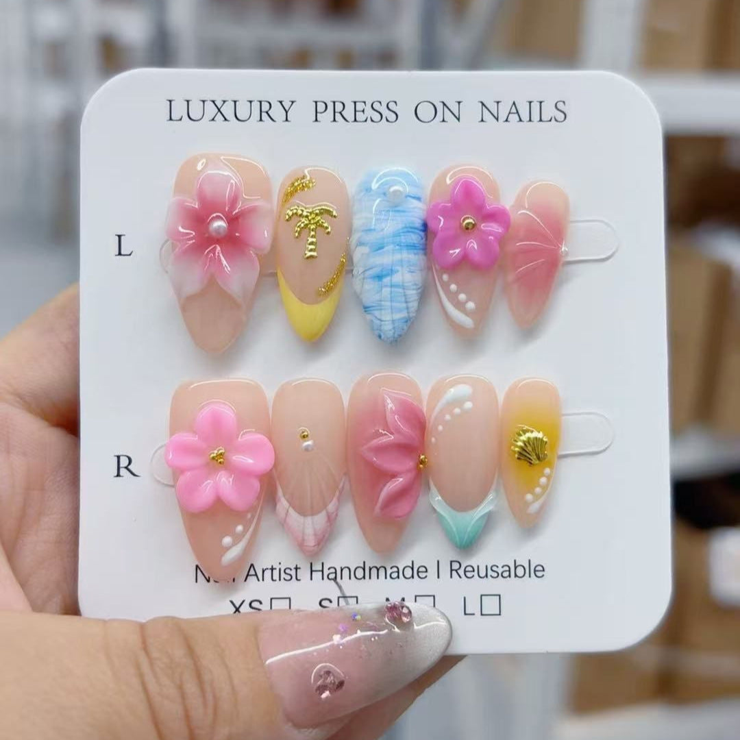 Tropical Bloom: "Beachside Floral Escape" – Almond Press-On Nails