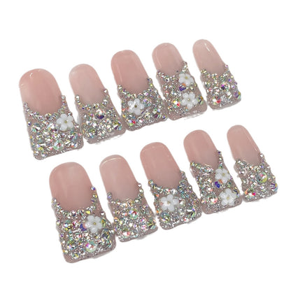 Cute, ugly and cute duck bill nail full of diamonds and flash French long handmade press on nails, wearing fake nails｜365nails