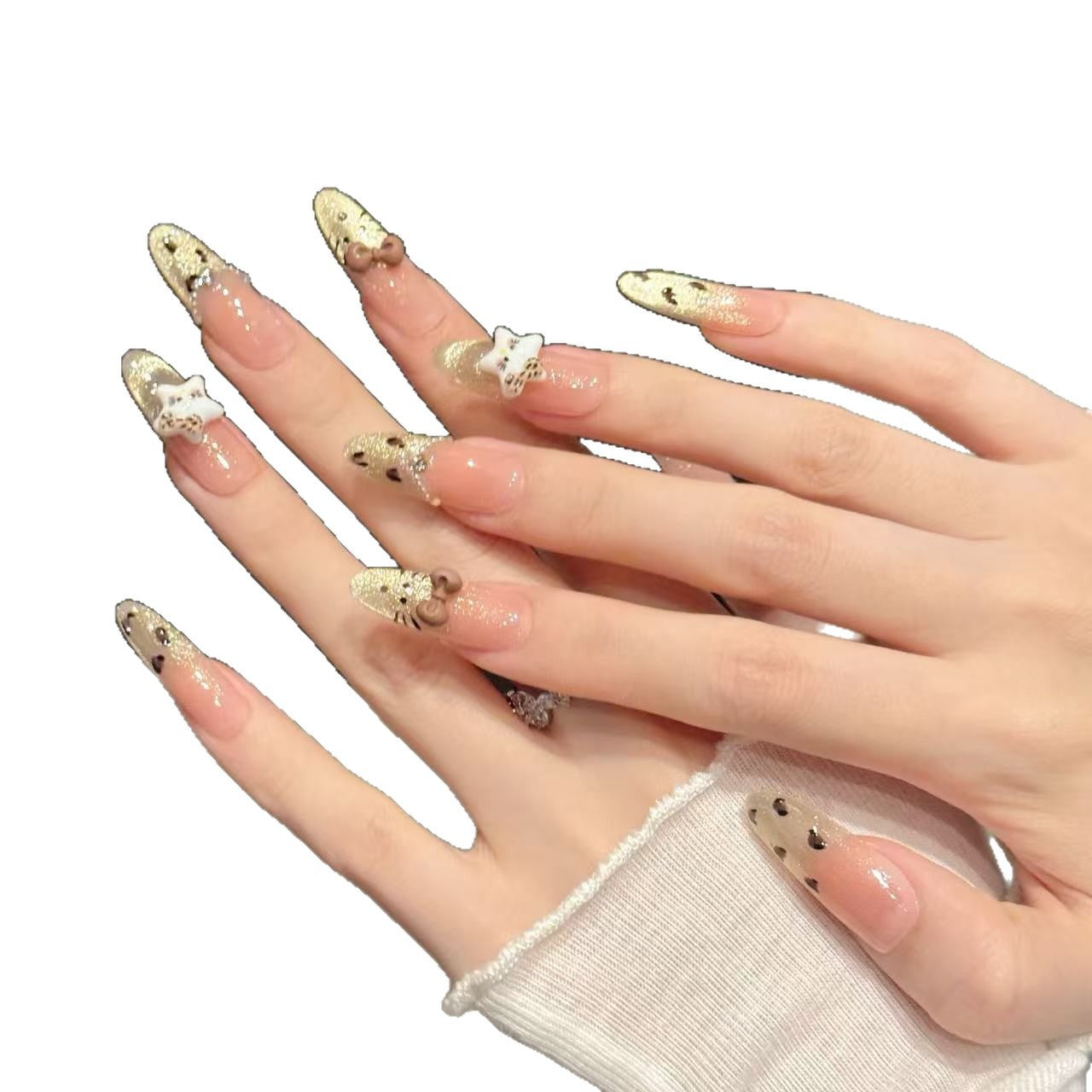Cute Gold Glitter Leopard Charm Oval Nail Art Set