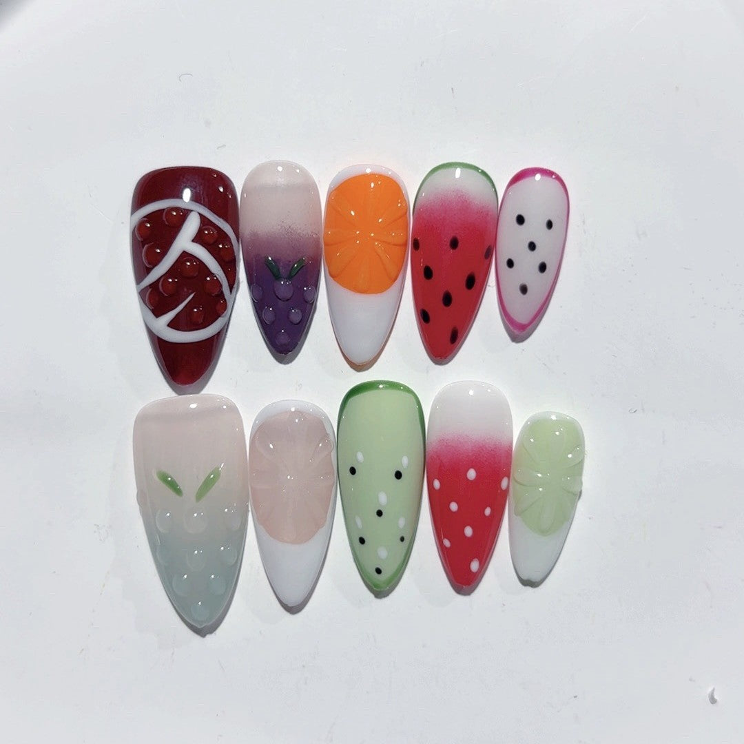 365nails 果香嘉年華：「熱帶水果拼盤」— 杏仁形手工製3D雕刻穿戴甲