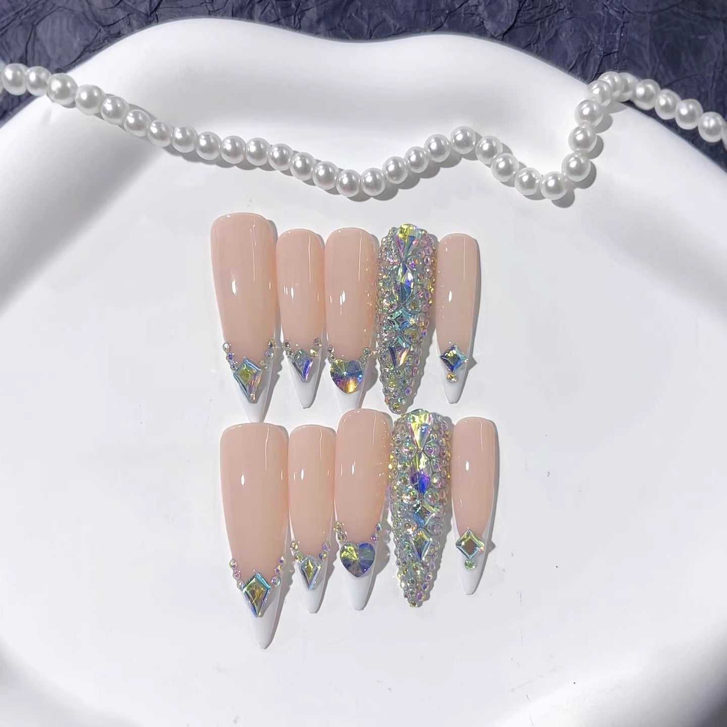 Nude Crystal French Glam Statement Press On Nails