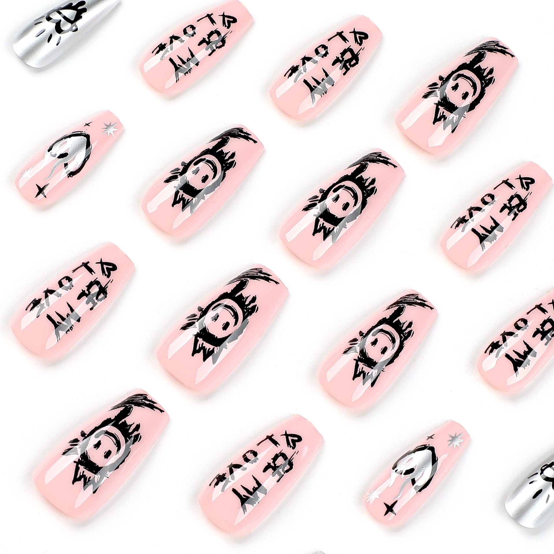 patch d'ongles faux ongles roses pièce graffiti noir cartoon argent amour dans le vent faux ongles ongles｜365nails