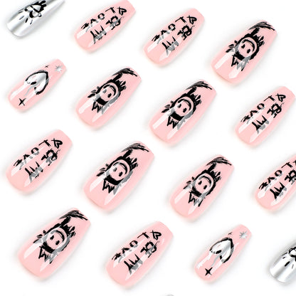 nails patch press on nails pink nails piece black cartoon graffiti silver love ins wind press on nails nails｜365nails