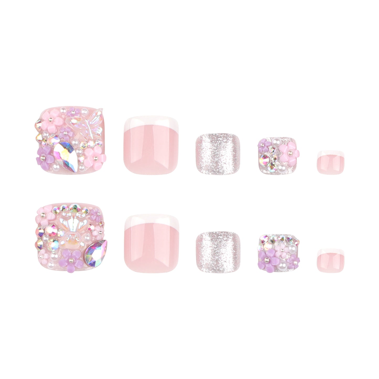 Uñas blancas francesas para los pies, diseño tridimensional con punta de flor, manicura para pies, uñas postizas cortas, uñas para los pies | 365nails