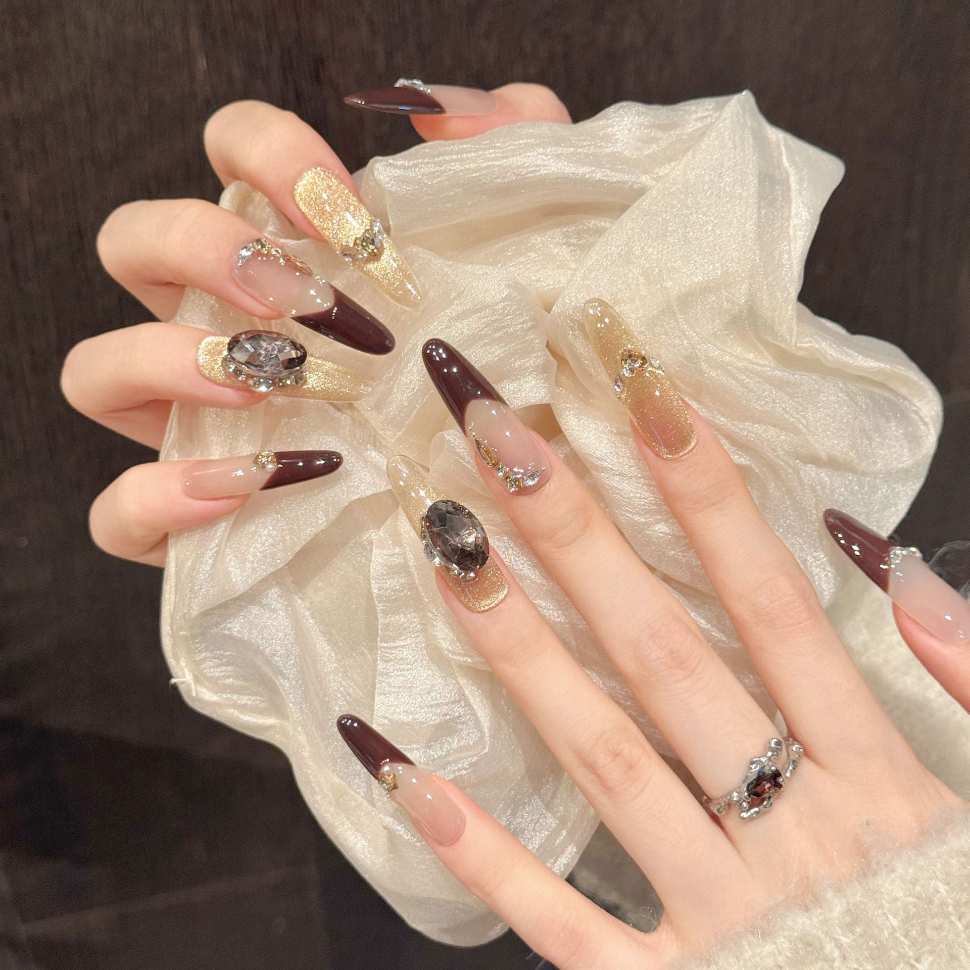 365nails: "Midnight Mocha" – Gold Leaf & Gemstone Handmade Coffin Nails