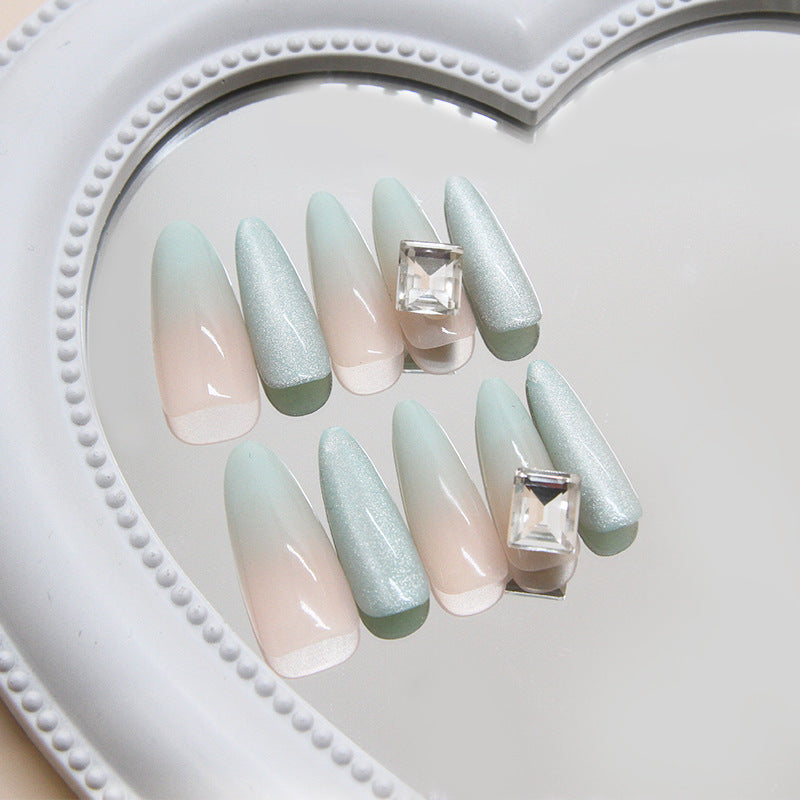 Nail Tips  prefabricated nail, simple detachable nail piece, pink and blue gradual change nail patch, cat eye drill model ｜365nails